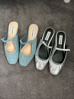 Steve Madden Mary Jane Ballet Flats in Light Blue Denim and Metallic Silver